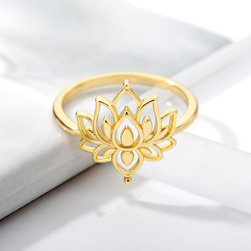 Lotus Flower Ring for Women – Gold & Silver Hollow Brass Band Jewelry