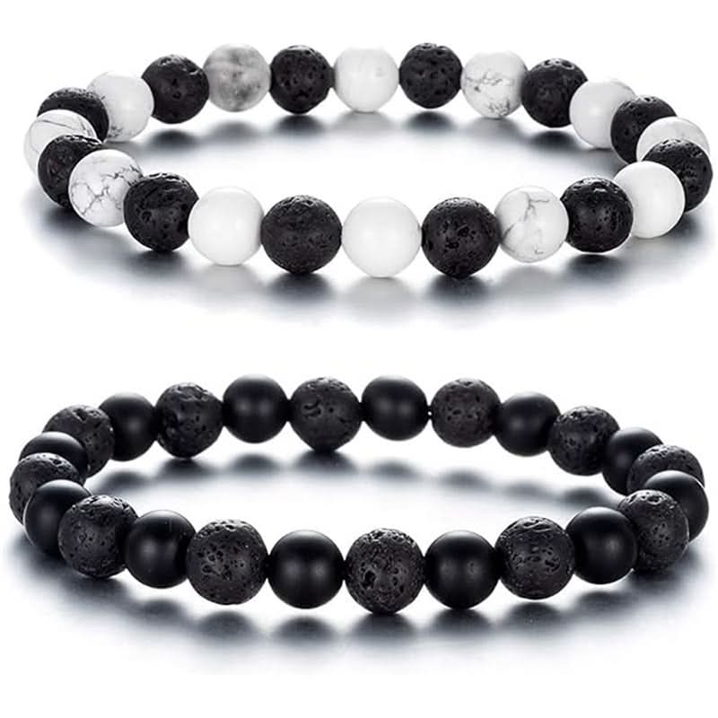 Unisex Crown Beaded Bracelet Set – Volcanic Stone Bracelets for Couples
