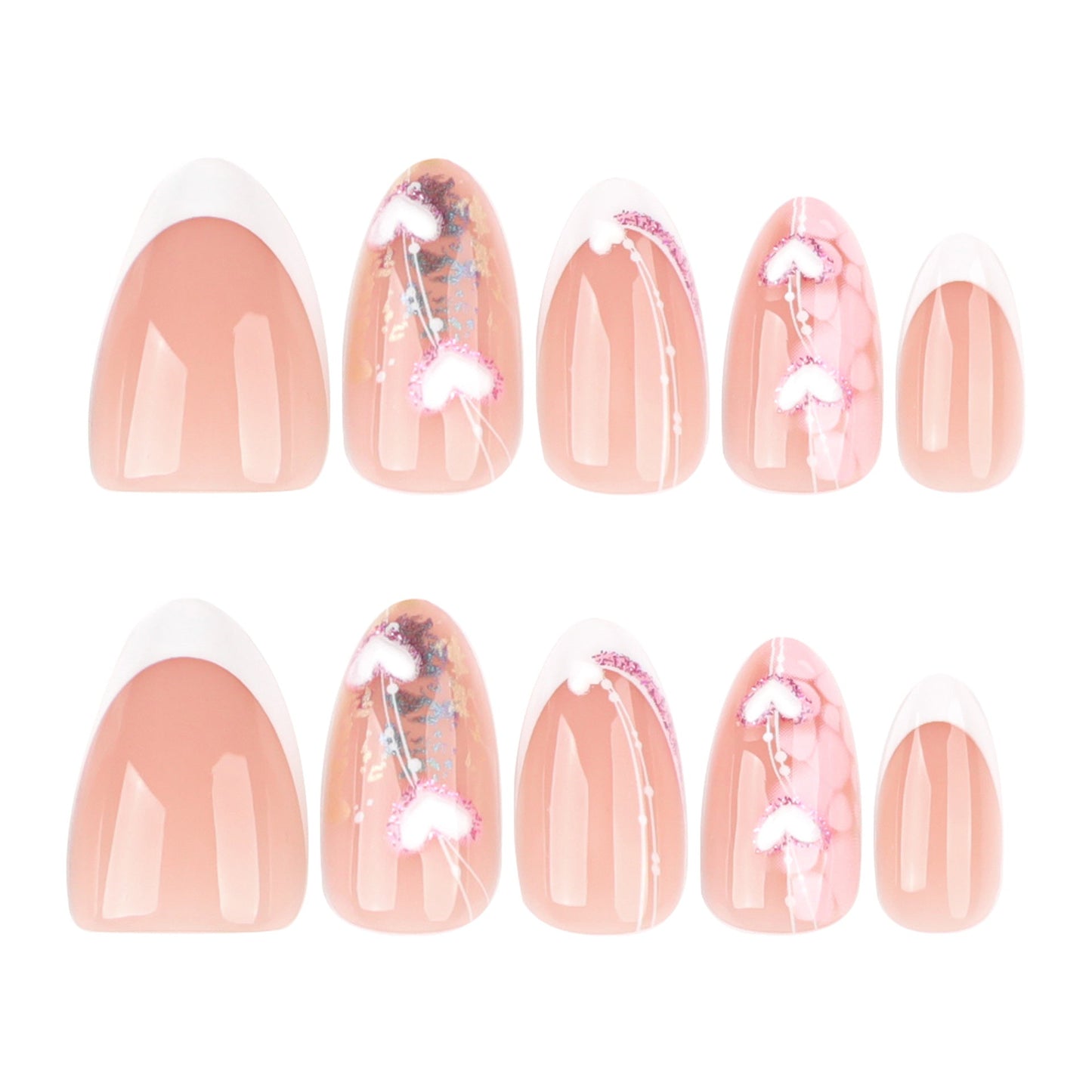 Romantic Oval Press-On Nails – French Tip & 3D Heart Design, Glossy Finish