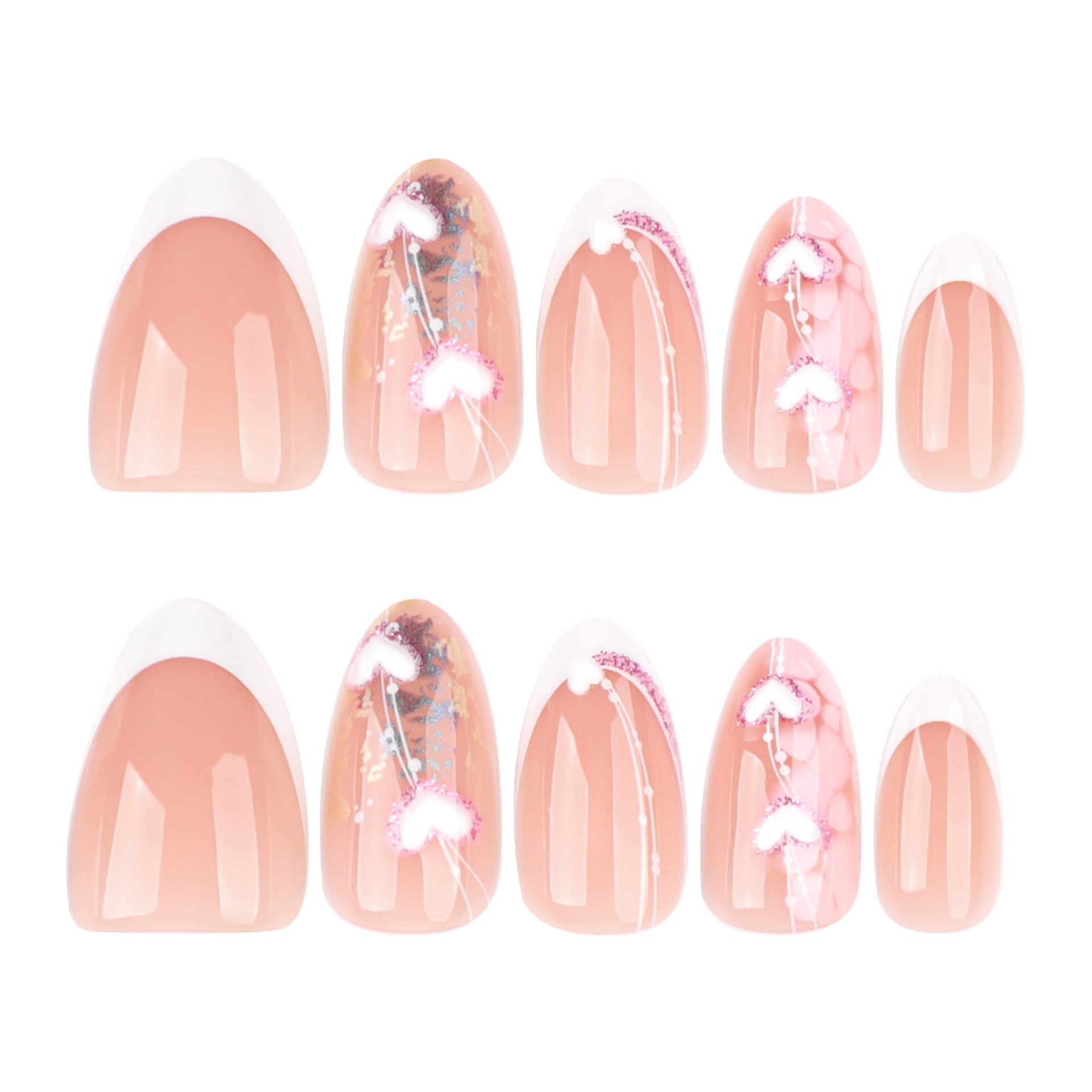 Romantic Oval Press-On Nails – French Tip & 3D Heart Design, Glossy Finish