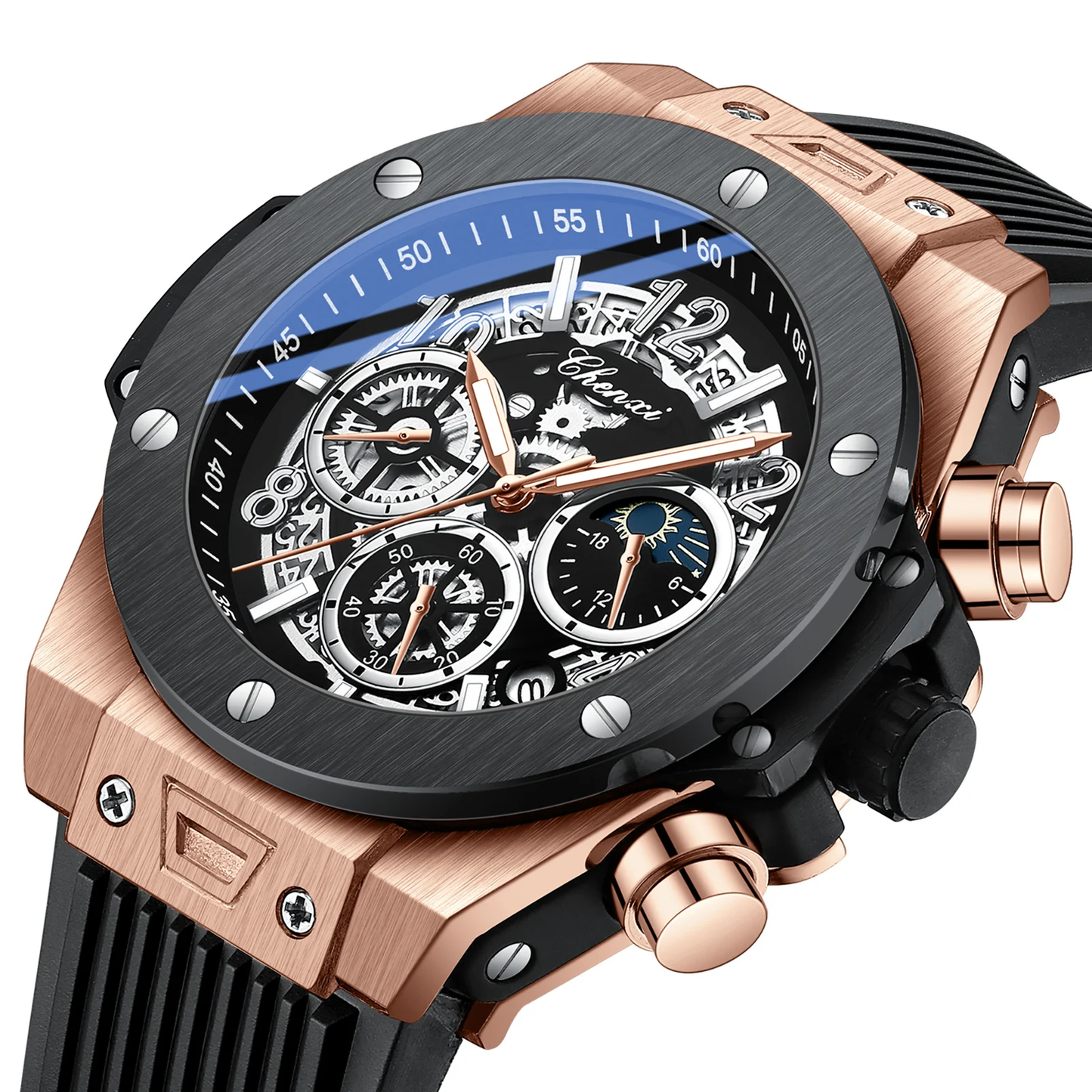 Men's Moon Phase Display Sports Watch - Barrel-Shaped
