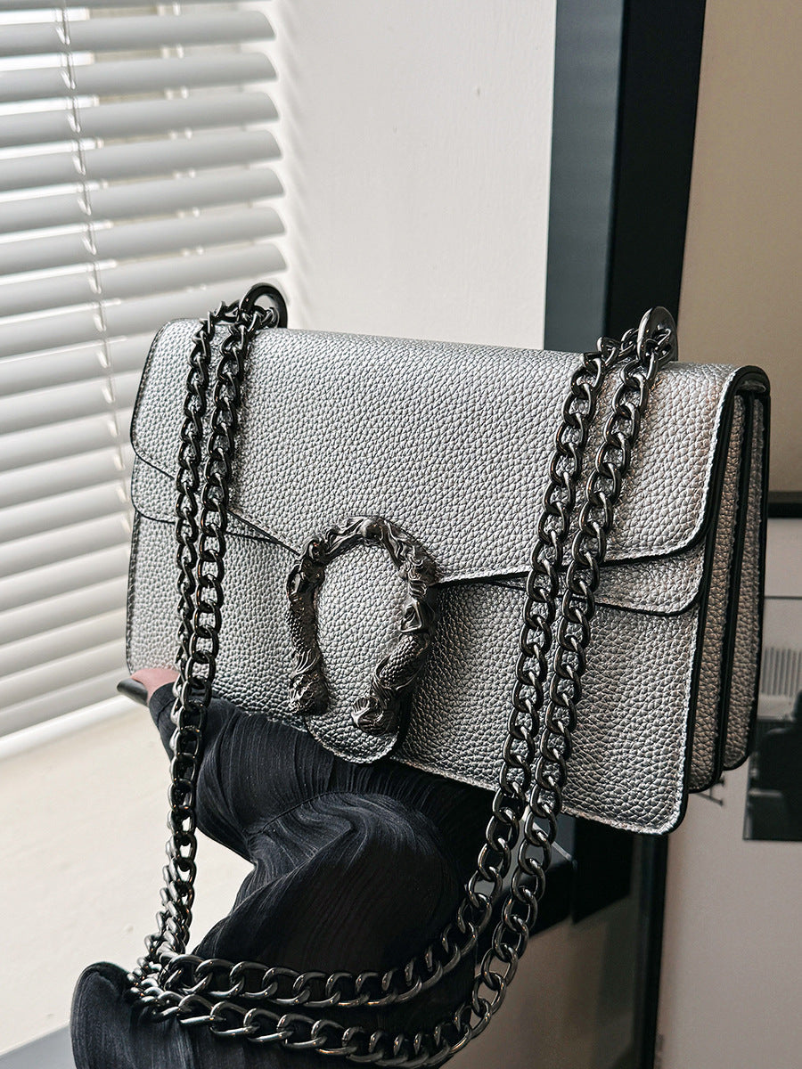 Luxury Chain Shoulder Bag for Women – Retro Stone Texture Medium Crossbody Bag
