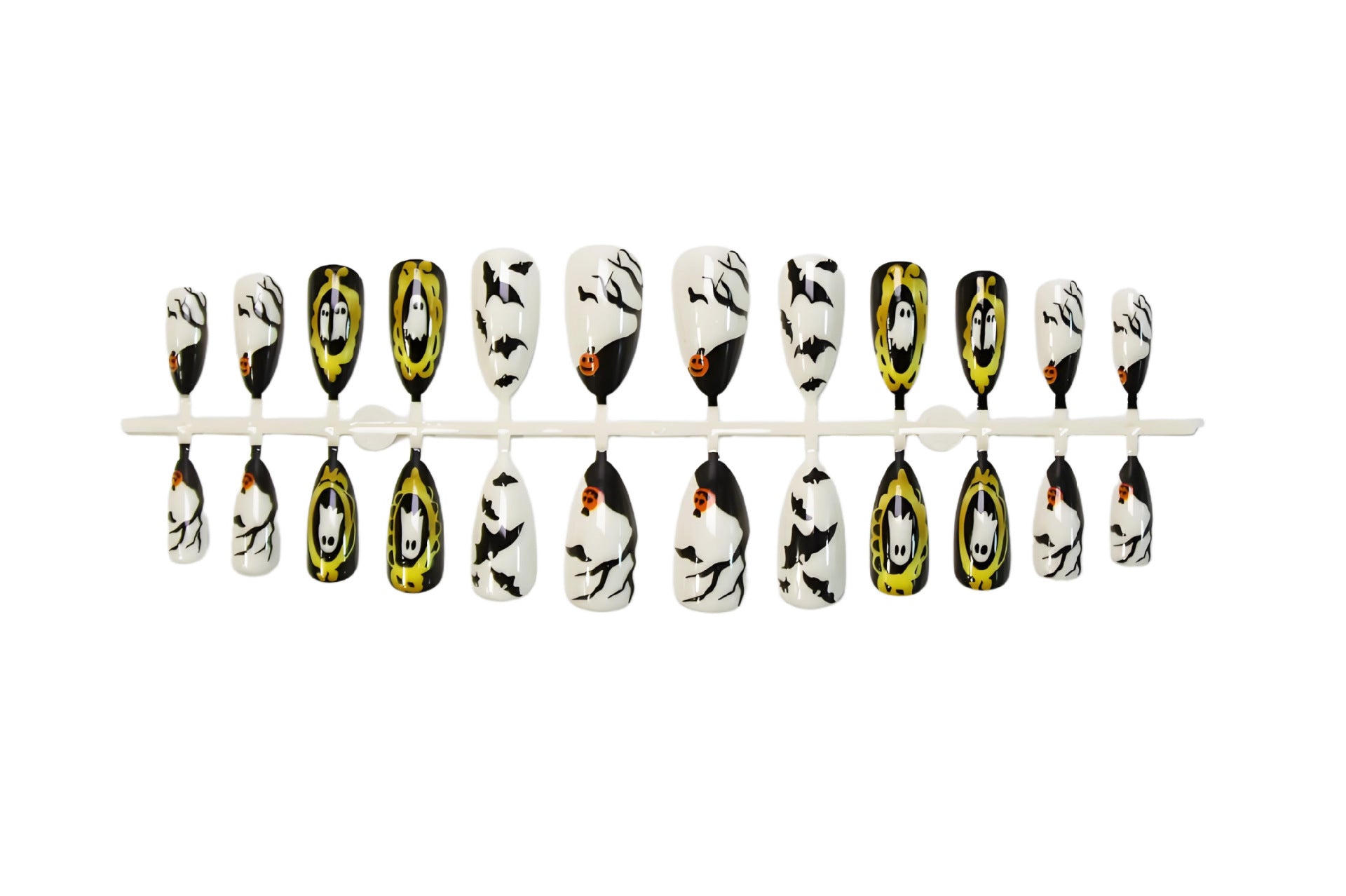 Halloween Ghost & Pumpkin Almond Press-On Nails – Spooky Bat Nail Art