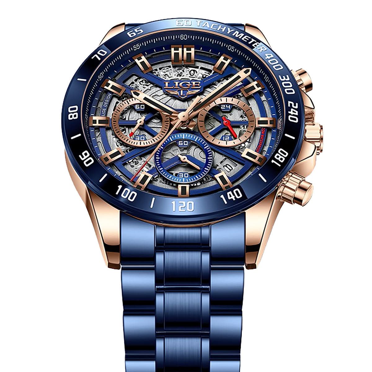 Men’s Skeleton Quartz Chronograph Watch – Stainless Steel Wristwatch