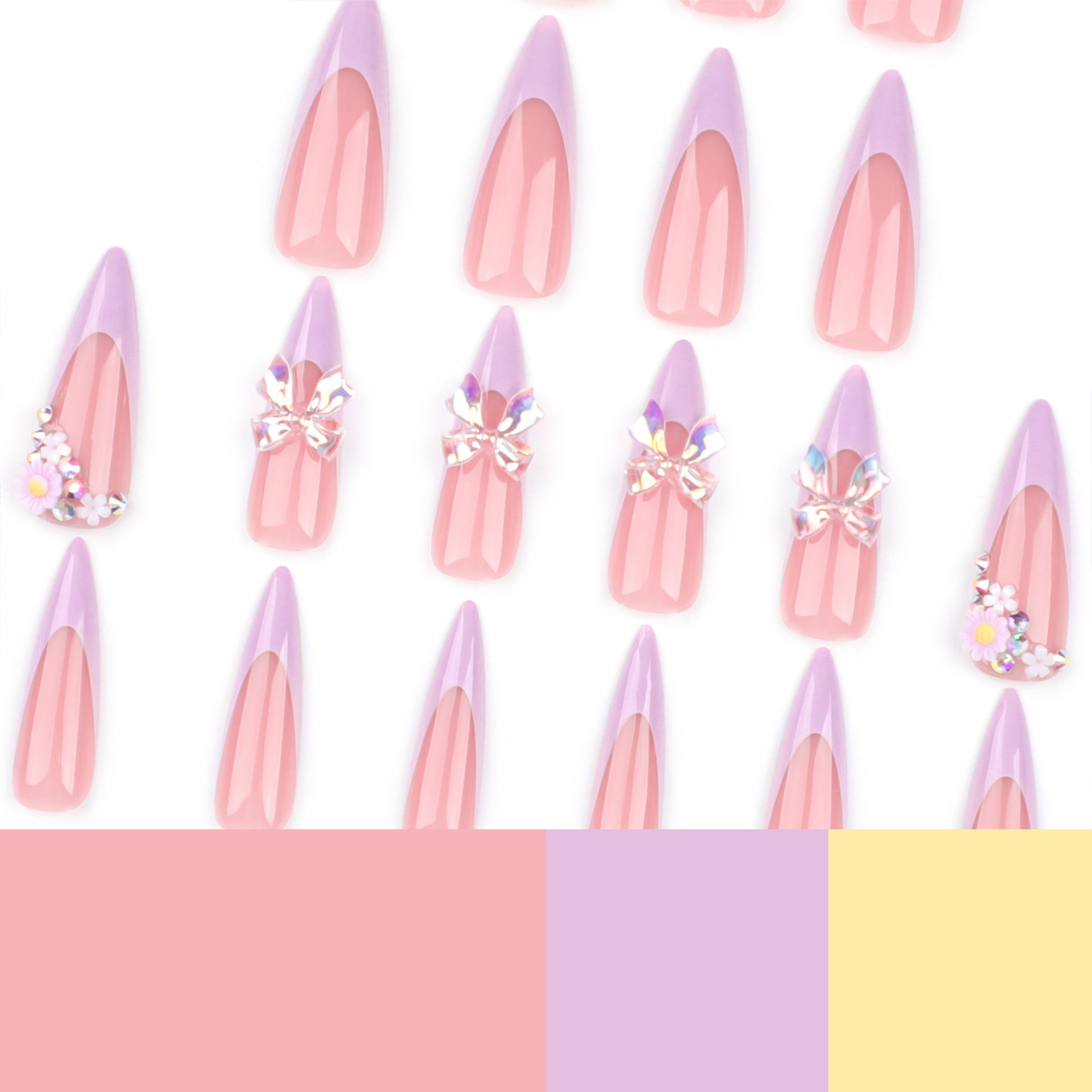 Extra Long Stiletto Press-On Nails – Pink French Tip with 3D Bows & Floral Accents