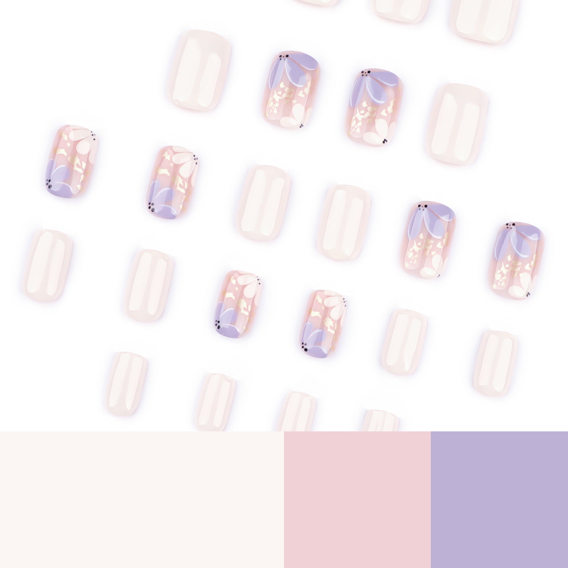 Floral Press-On Nails – Short Square Cream & Mauve with Gold Foil