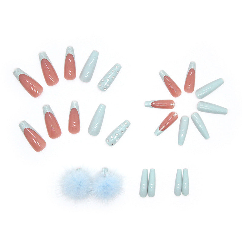 Long Blue Coffin Press-On Nails – Rhinestone & Pom Accent Acrylic False Nails
