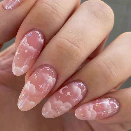 Pink Gradient Almond Press-On Nails – Starry Sky Moon Design
