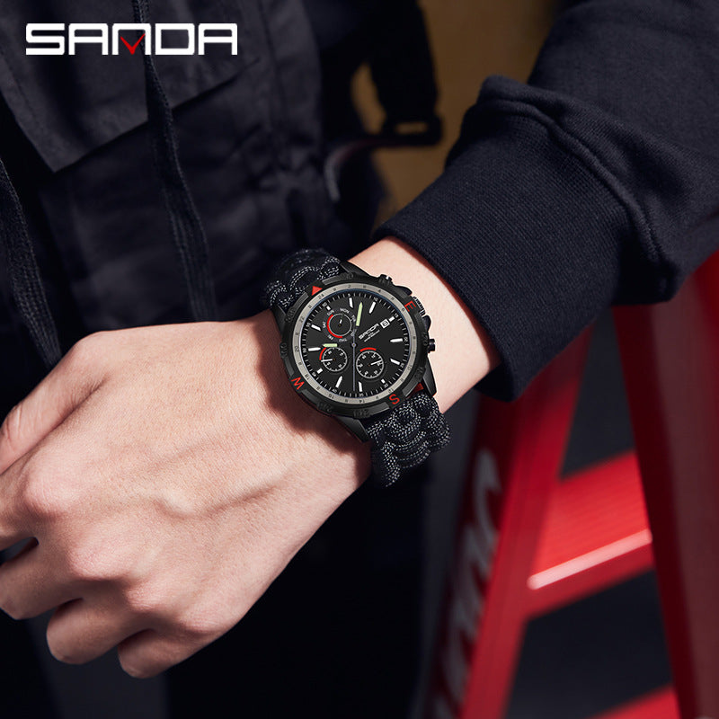 Sanda Men’s Outdoor Sports Quartz Watch – Detachable Braided Strap, Waterproof Watch