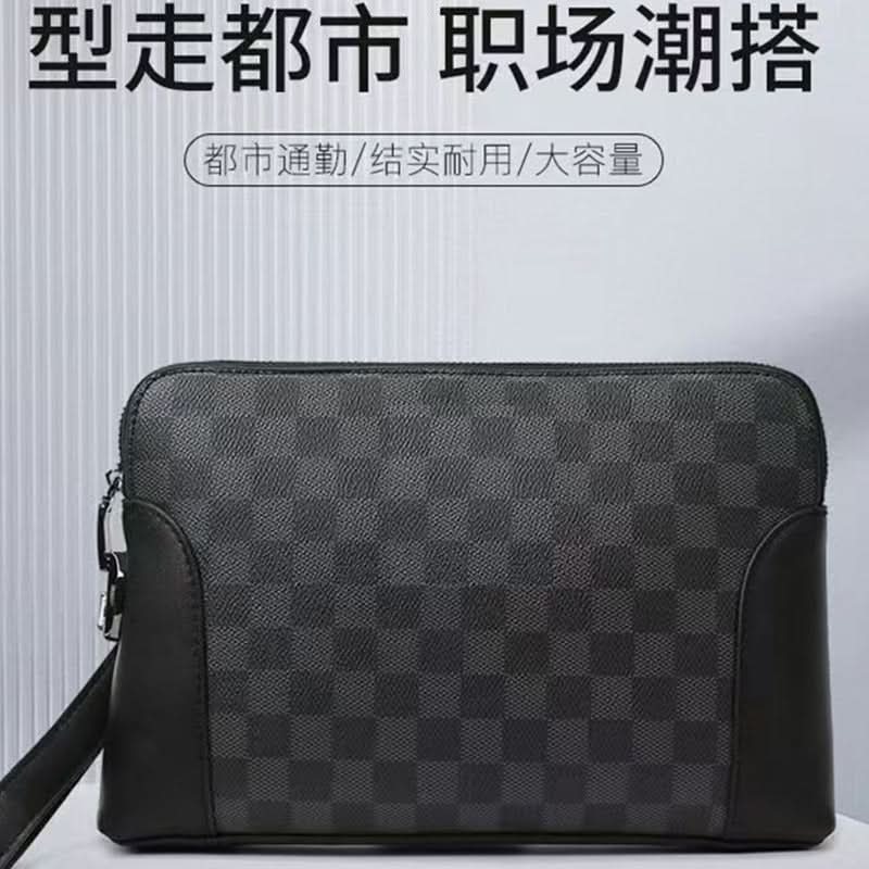 Men’s Retro Plaid PU Leather Clutch Bag – Large-Capacity Business Handbag