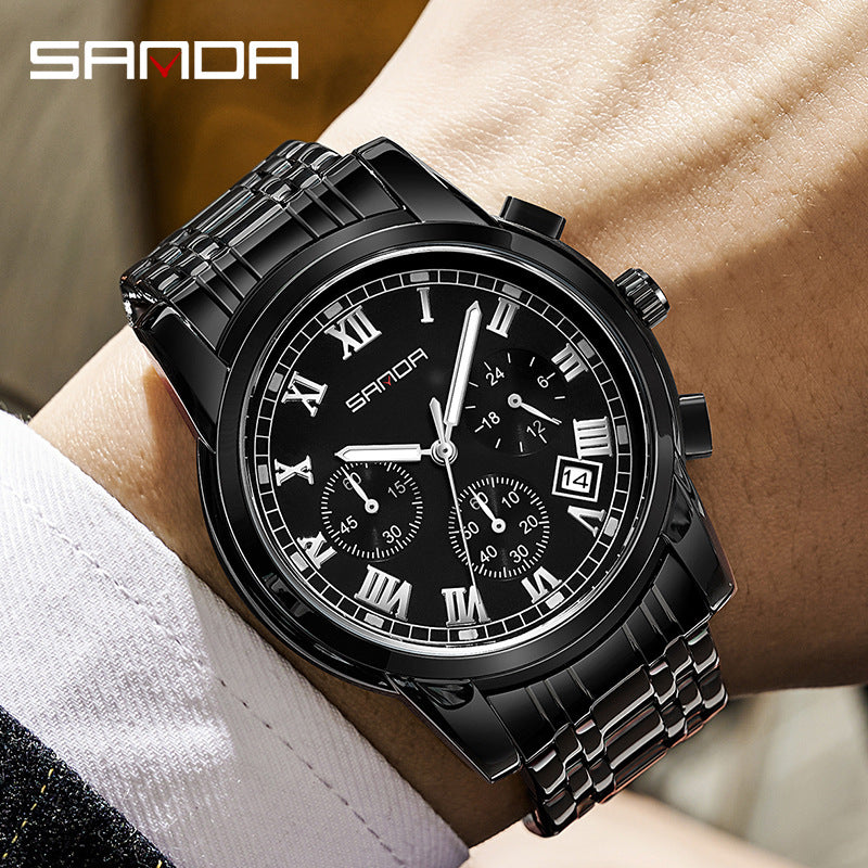 SANDA Luminous Men’s Quartz Watch – Retro Stainless Steel Strap with Calendar