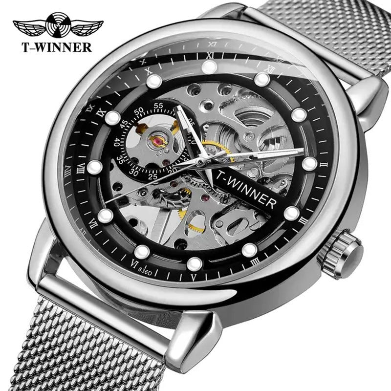 T-Winner Men’s Hollow Mechanical Watch – Mesh Strap, 30M Waterproof, Fashion Casual