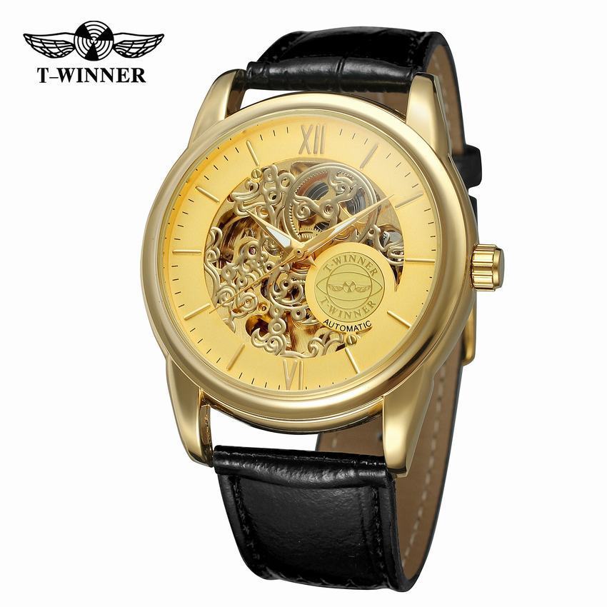 T-WINNER Hollow Automatic Mechanical Watch for Men – Leather Strap Fashion Timepiece