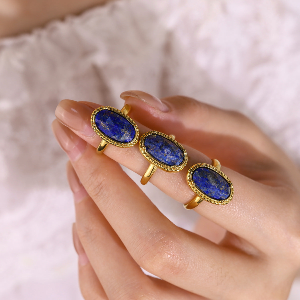 Natural Stone Ring – Blue Oval Titanium Steel Adjustable Retro Jewelry