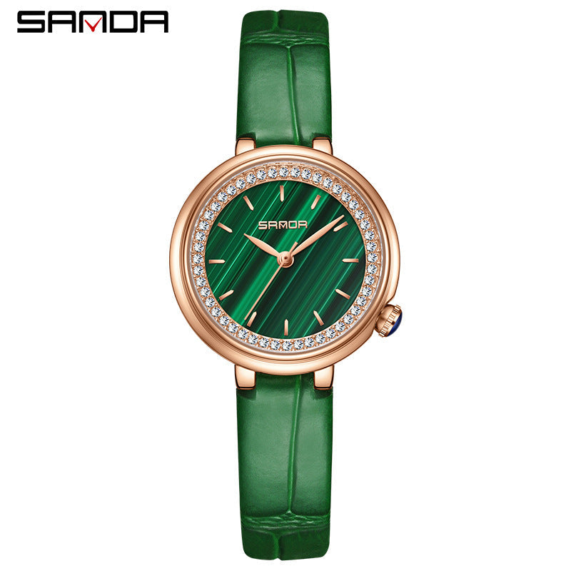 Sanda Women’s Leather Quartz Watch – Diamond Accent Small Dial, Waterproof Analog Watch