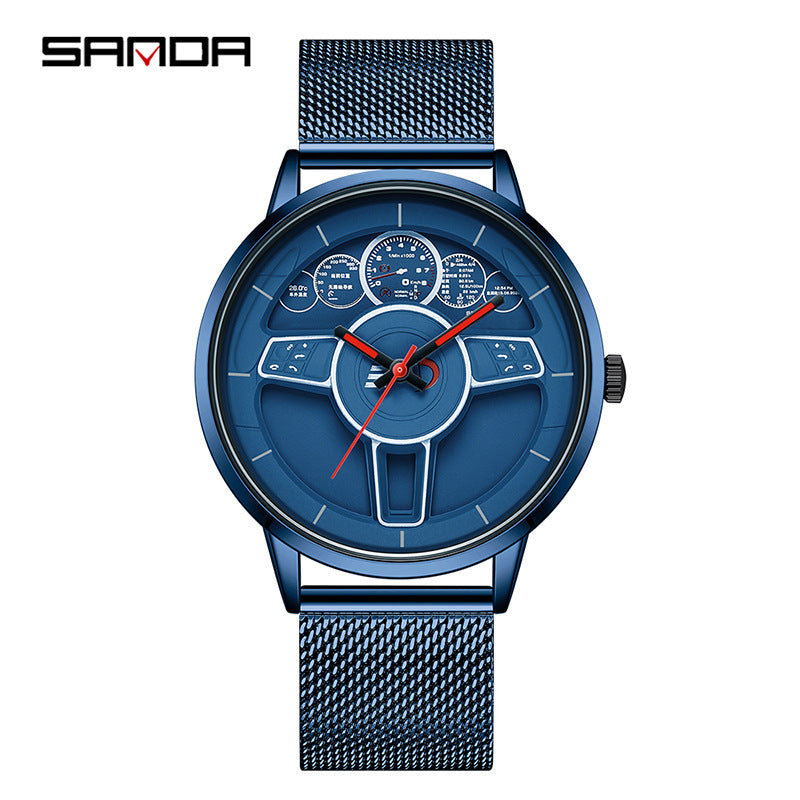SANDA Steering Wheel Men’s Quartz Watch – Mesh Strap Waterproof Business Wristwatch