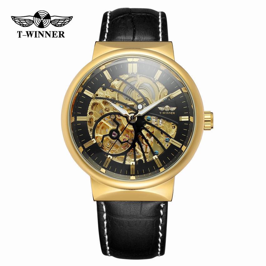 T-WINNER Automatic Mechanical Watch for Men – Waterproof Skeleton Dial Leather Strap
