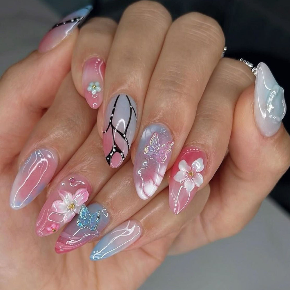 3D Press-On Nails with Butterfly & Flower Design, Medium Almond Acrylic Glue-On Set