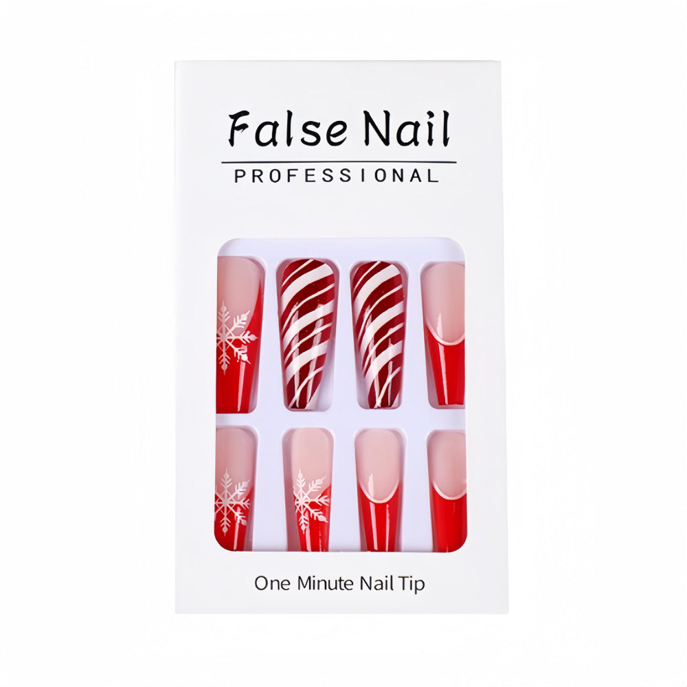Long Coffin Snowflake Press-On Nails – Red & White Striped Acrylic Set