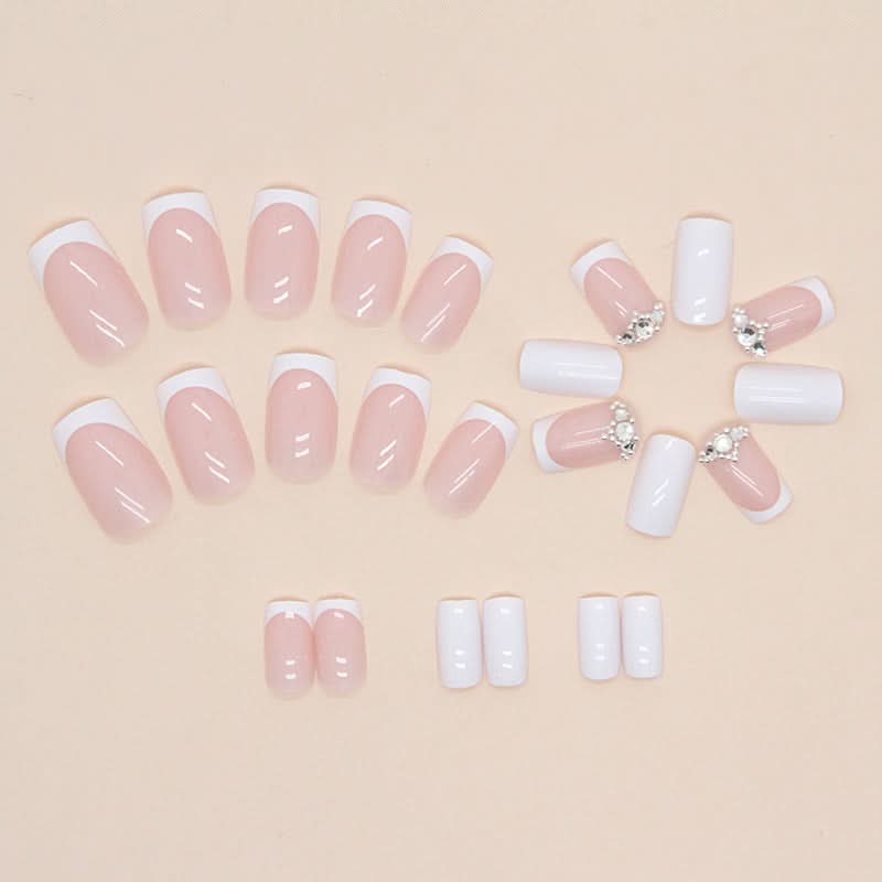 Medium-Length Square Milky White French Manicure – Flash Diamond Style False Nails