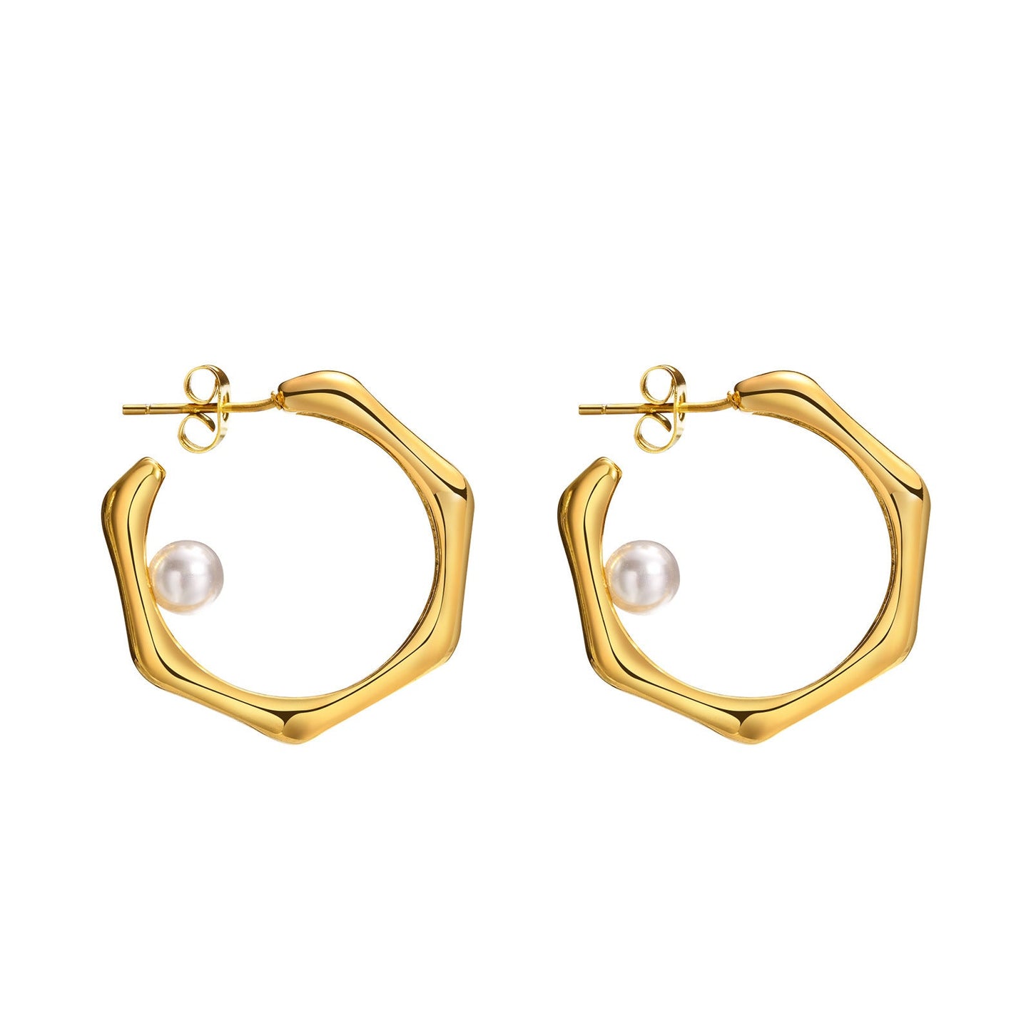 Elegant Gold Hexagon Hoop Earrings with Pearl Accent – Stainless Steel Jewelry