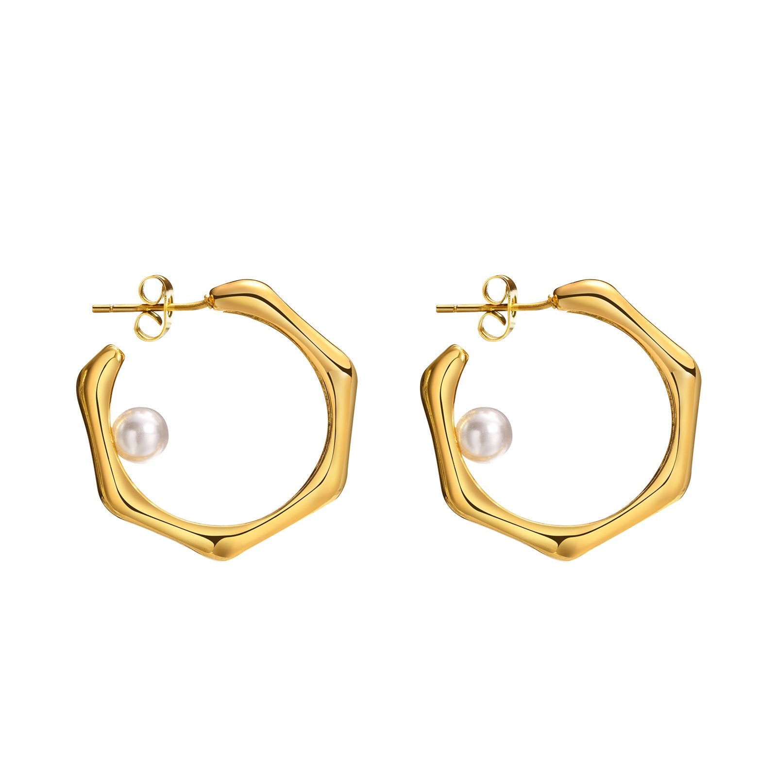 Elegant Gold Hexagon Hoop Earrings with Pearl Accent – Stainless Steel Jewelry