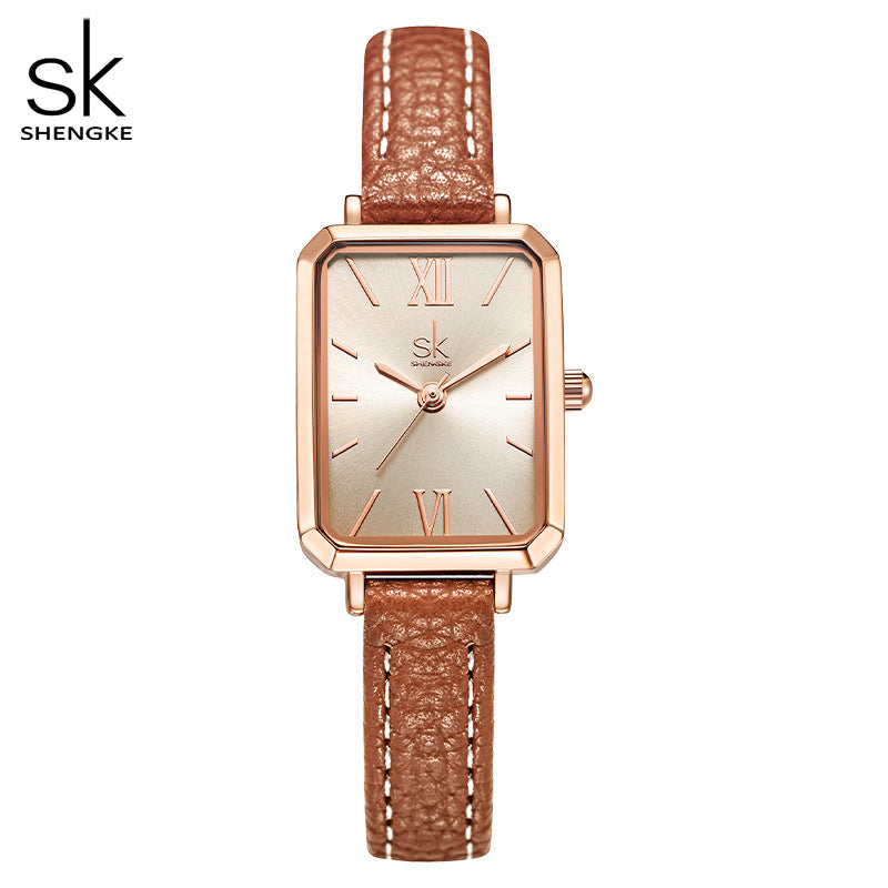 SK Women’s Quartz Watch – Square Dial, Leather Strap, 30M Waterproof Fashion Wristwatch