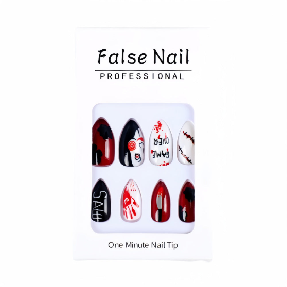 Halloween Stiletto Press-On Nails – Glue-On Nails with Blood Splatter & Character Art