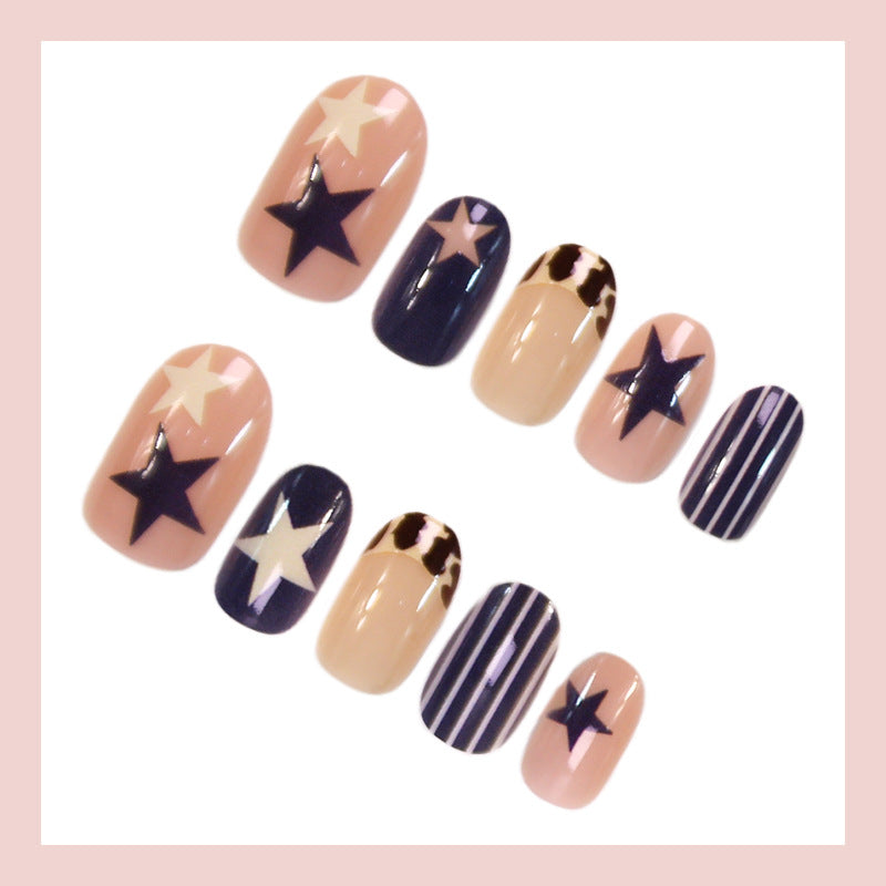 Navy Star & Stripe Oval Press-On Nails – Bold Leopard Print Nail Art