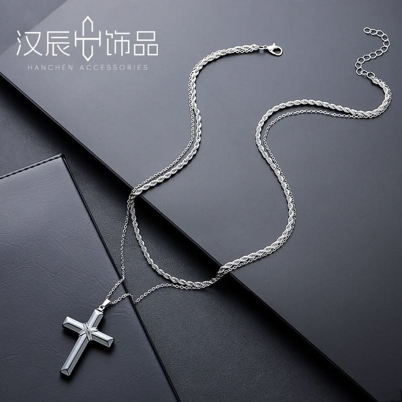 Men’s Trendy Titanium Steel Cross Necklace – Layered Chain