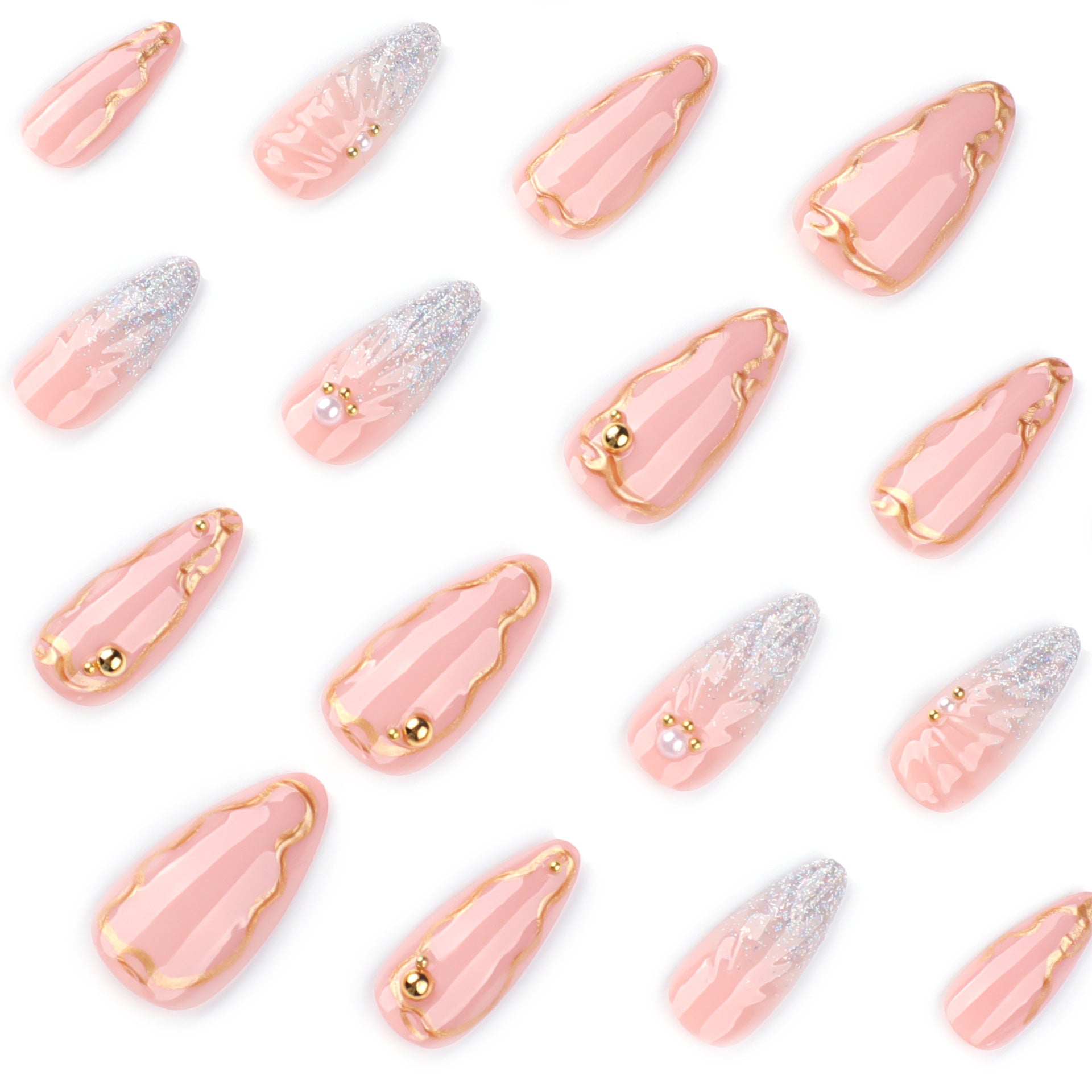 3D Glitter Wing Press-On Nails – Long Stiletto Nude Nails with Gold Accents