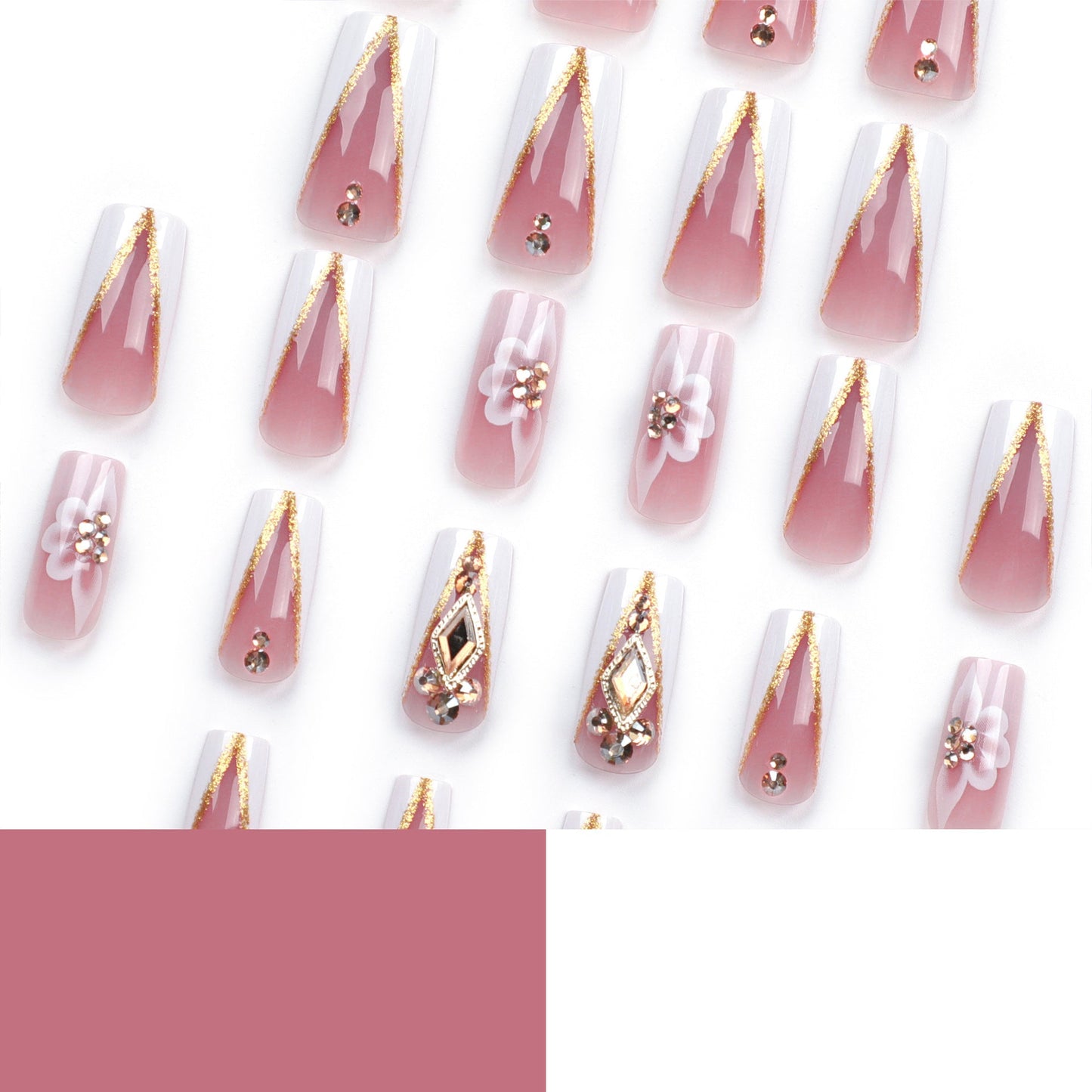 Glamorous V-French Press-On Nails – Long Coffin with 3D Flowers & Glitter Tips