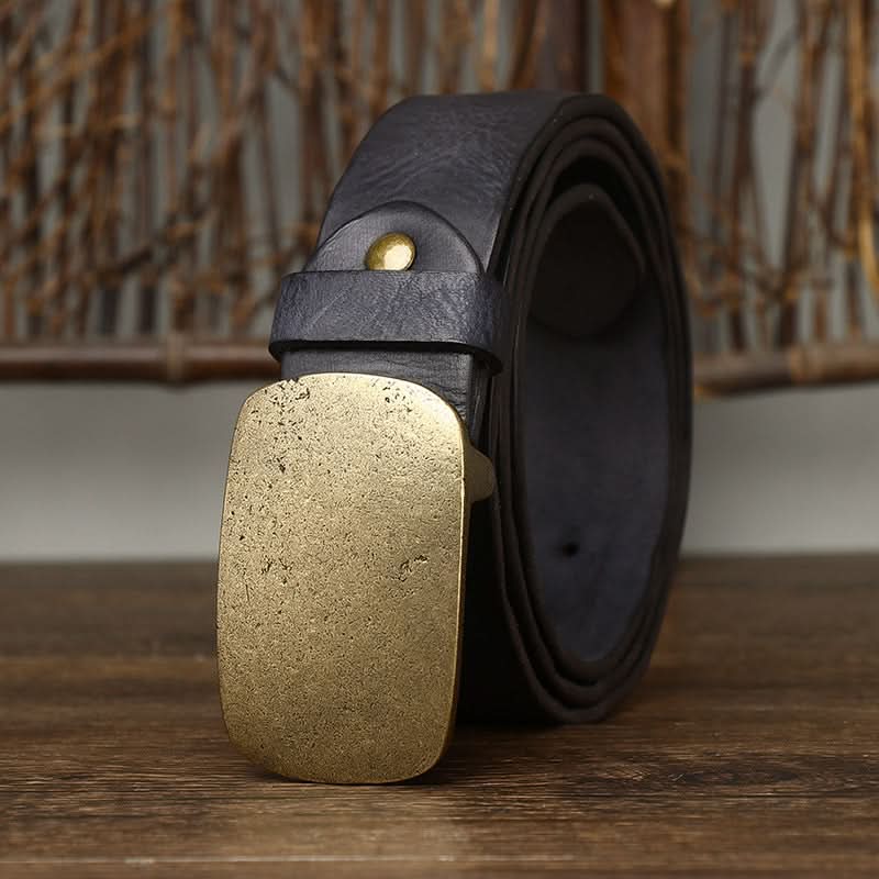 Men’s Retro Leather Belt – Vintage Smooth Copper Buckle