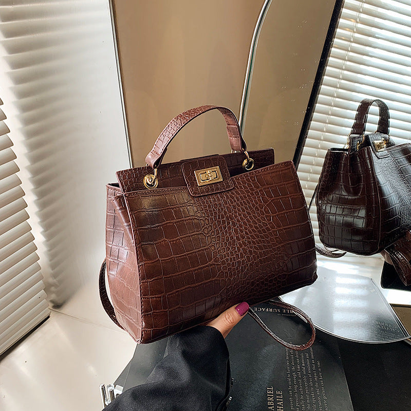 Retro PU Bucket Handbag for Women – Croc Texture Crossbody Shoulder Bag