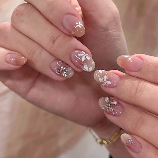 Elegant Nude Pink Floral Press-On Nails with Rhinestones – Almond Glue-On Tips