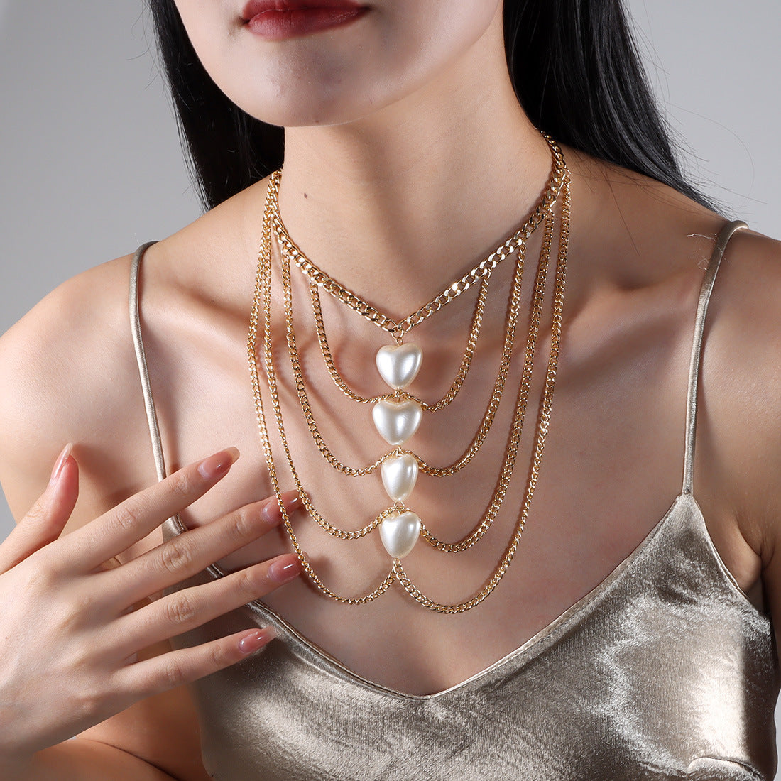 Tassel Heart Pearl Necklace – Elegant Multi-Layer Pendant Chain for Women