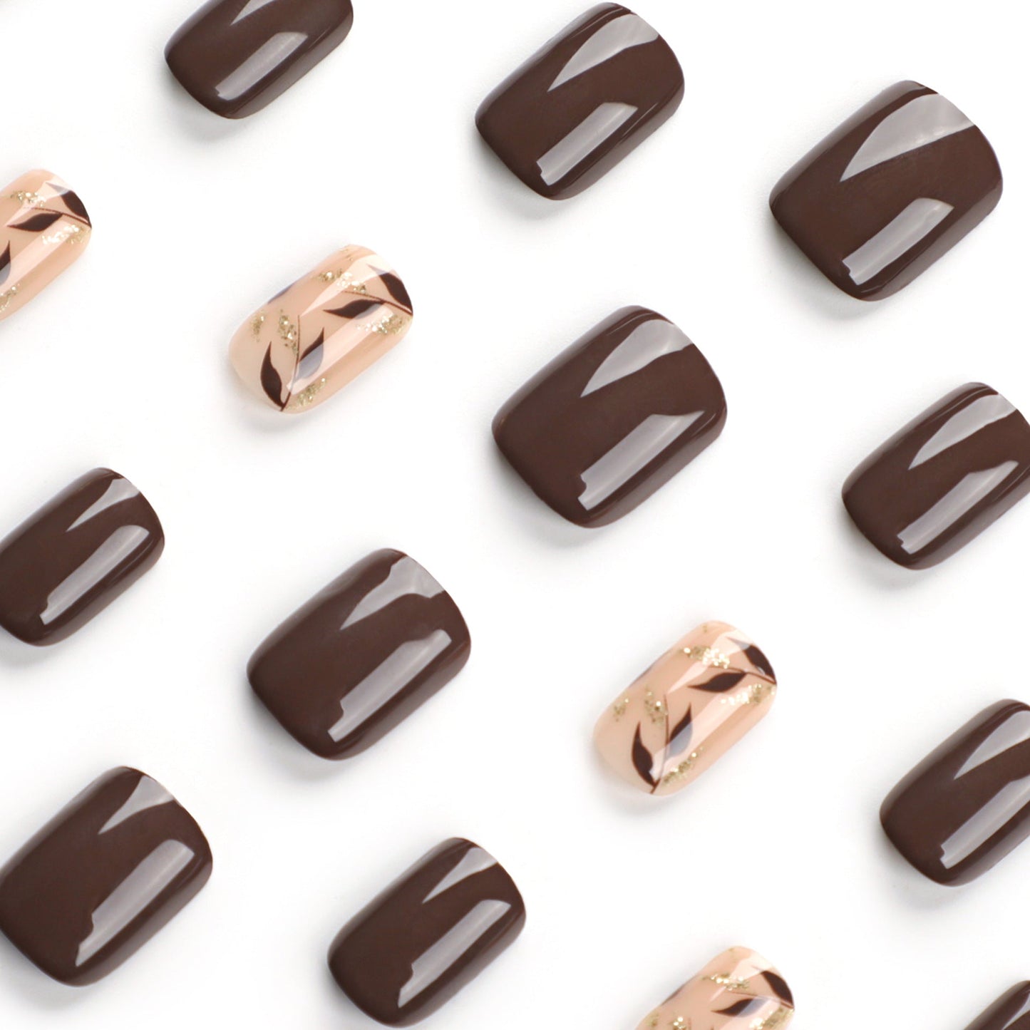 Elegant Brown Glue-On Press-On Nails with Gold Leaf Design – Short Square Fake Nails