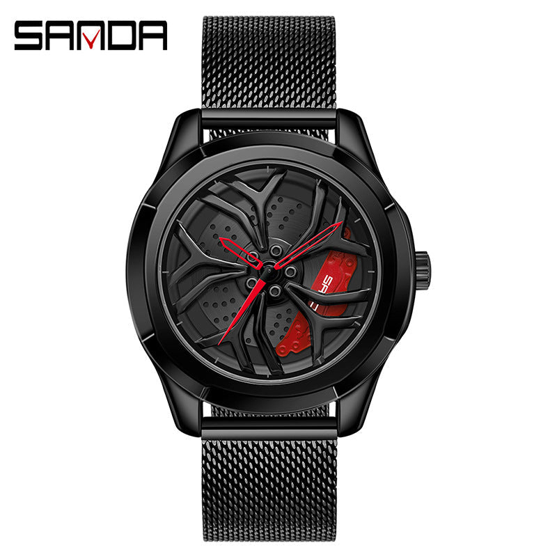 Sanda Men's Quartz Watch – Hollow Wheel Dial, Mesh Steel Strap, Waterproof Timepiece