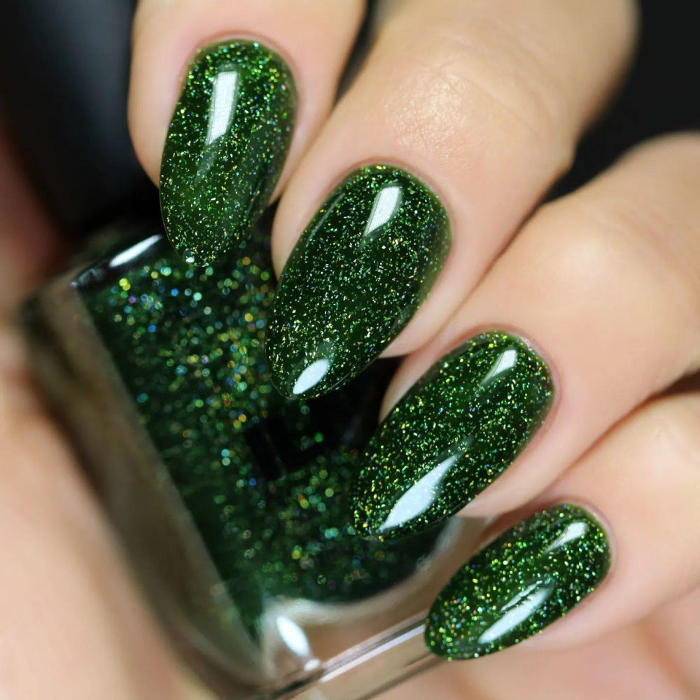 Emerald Green Glitter Press-On Nails – Oval Shape, UV Shine Finish, Reusable Nail Set
