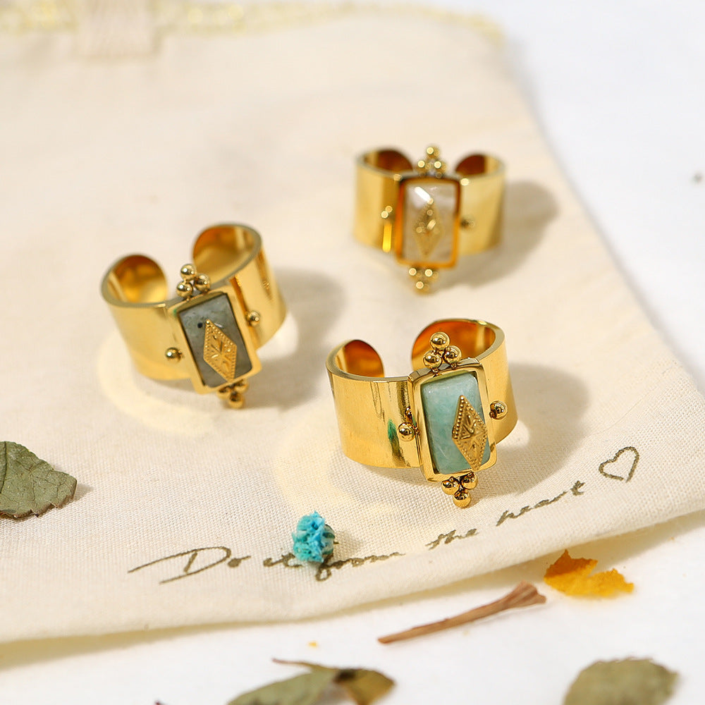 Gold Geometric Stone Ring for Women – Adjustable Retro Titanium Steel Jewelry