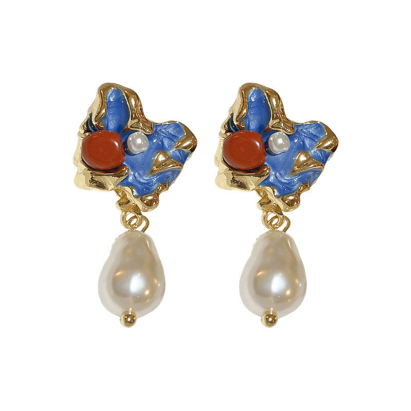 Women’s Pearl Drop Earrings – Retro Geometric Silver Needle Design
