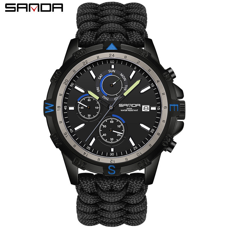 Sanda Men’s Outdoor Sports Quartz Watch – Detachable Braided Strap, Waterproof Watch