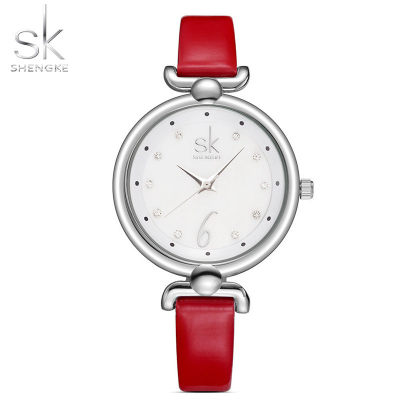 SK Women’s Quartz Watch with Rhinestones – Fashion Leather Strap Wristwatch