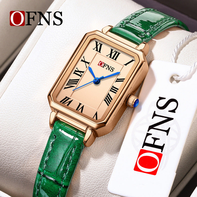 OFNS Women’s Square Quartz Watch – Roman Dial, Leather Strap & Waterproof Design
