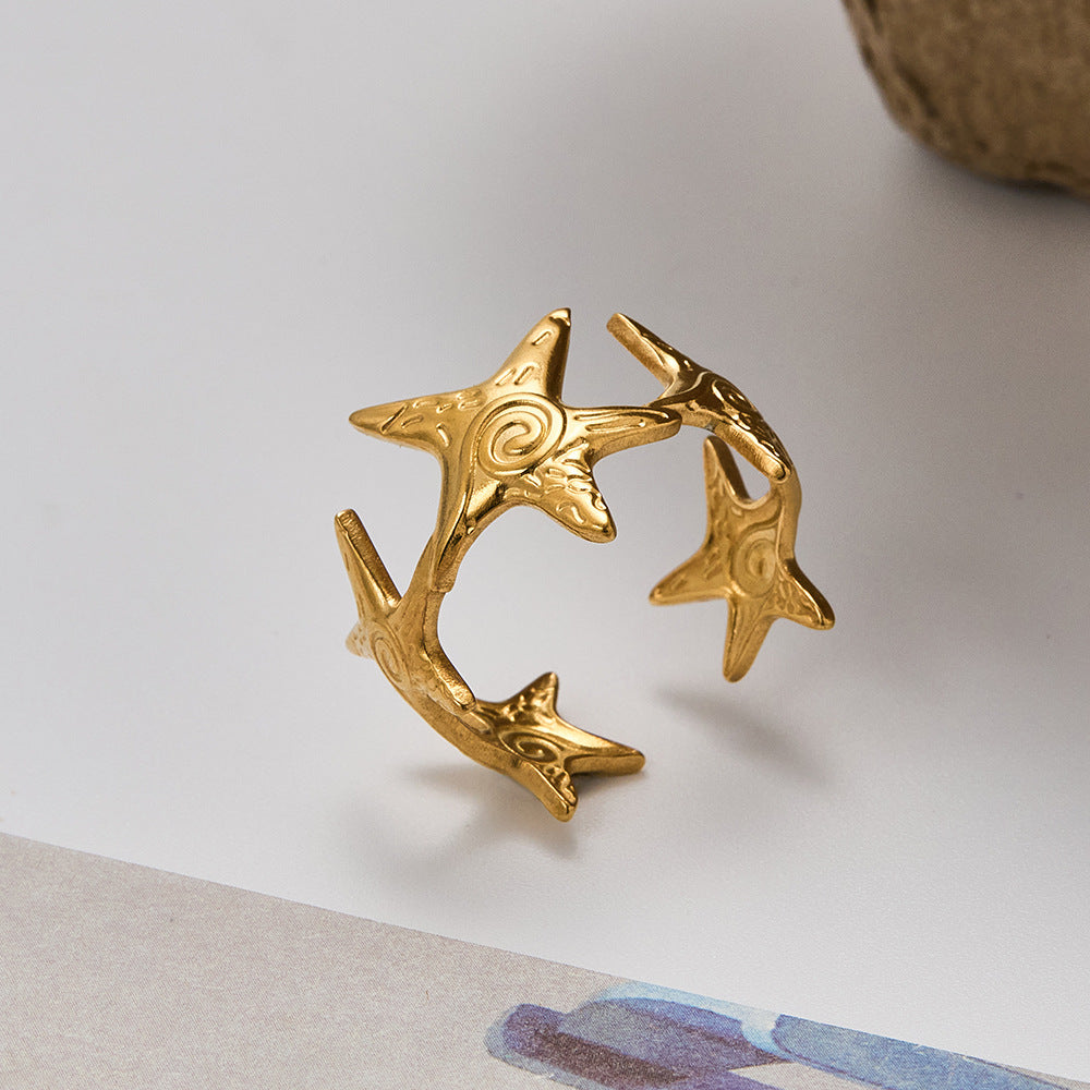 Starfish Open Ring – Retro Stainless Steel Adjustable Ring for Women