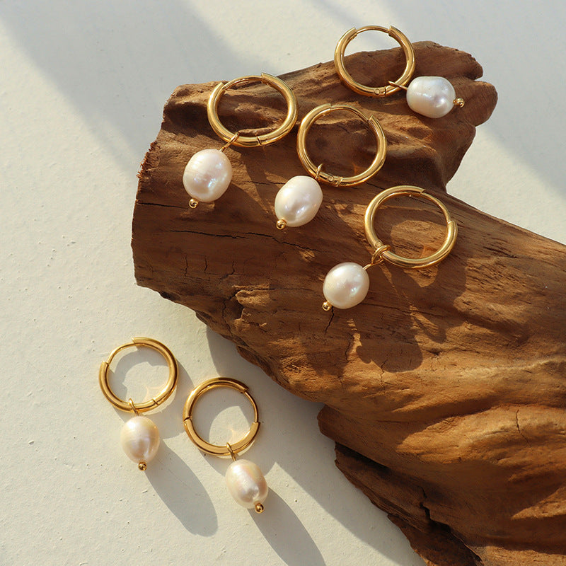 Freshwater Pearl Hoop Earrings – Titanium Steel, Geometric Design