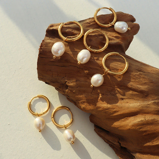Freshwater Pearl Hoop Earrings – Titanium Steel, Geometric Design