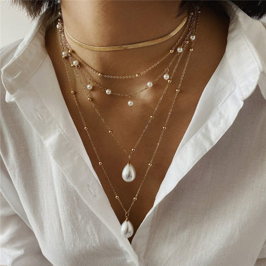 Elegant Multi-Layer Pearl Necklace Gold Alloy Layered Pendant Jewelry for Women