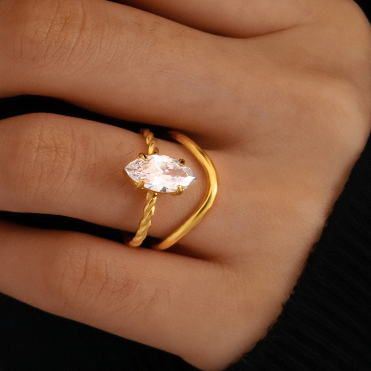 Gold Vine Twist Zircon Ring – Retro Titanium Steel Statement Ring for Women