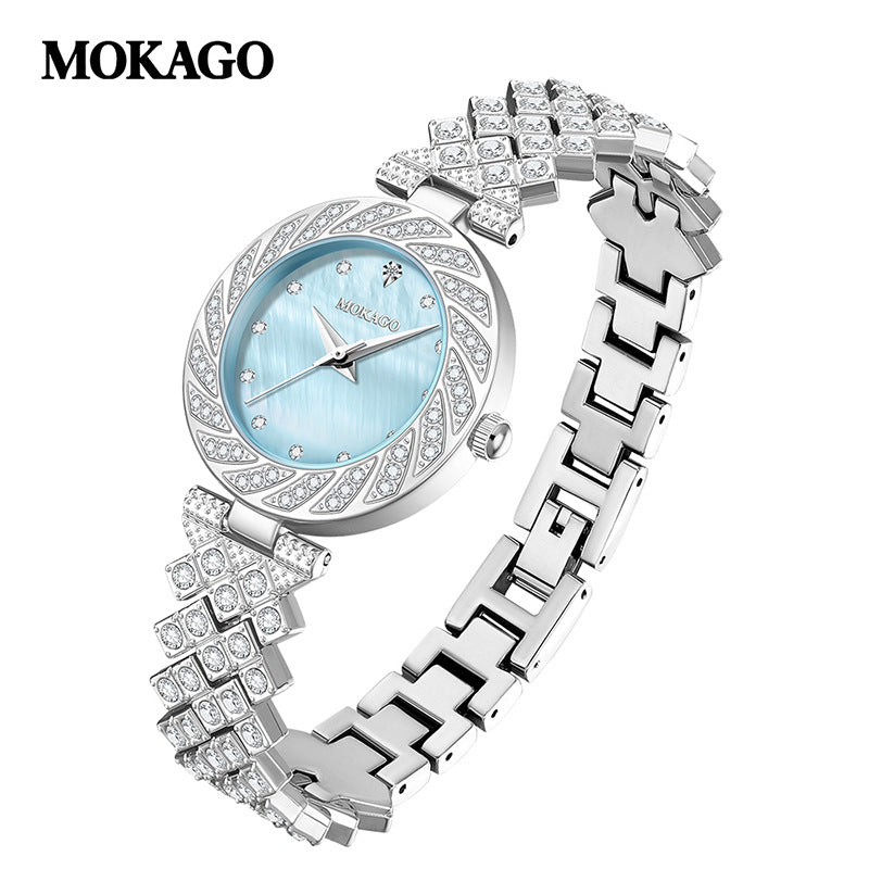 MOKAGO Women’s Diamond Quartz Watch – Elegant Round Mother-of-Pearl Dial Watch